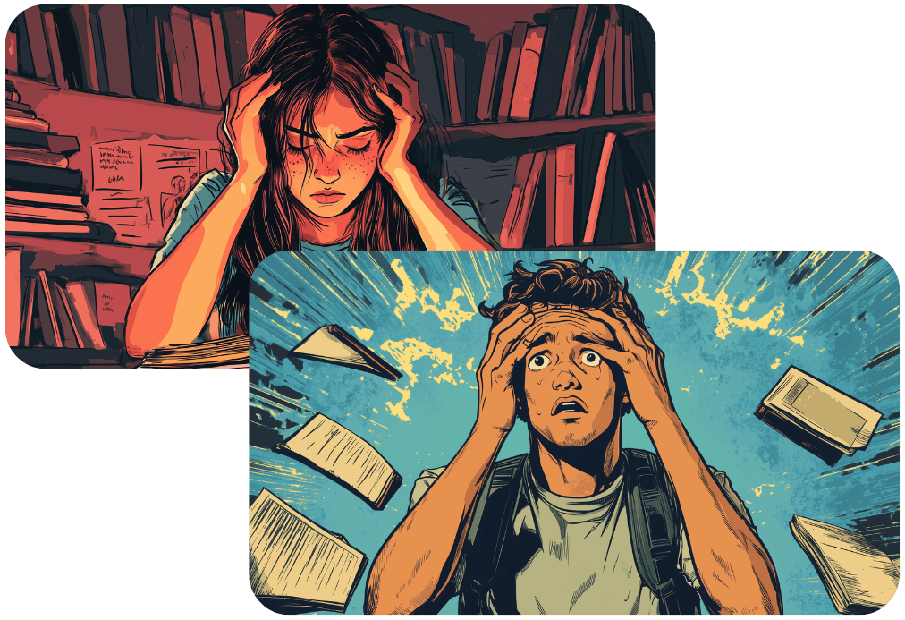 Illustrations of students feeling stressed and overwhelmed